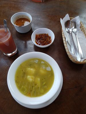 Soup dessert drink hot sauce at Donde Gopal in Quito