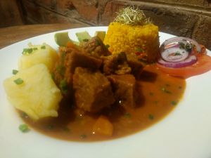 No chivo vegano at Donde Gopal in Quito