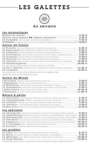 'Sarrasin' is 'buckwheat'.'La Végétarienne' has cheese, leek,potatoes, cream and goat cheese.'La Chef' has egg, mushroom,herbs,cream and emmental (it's a soft cow milk cheese. at Le Palais Gourmand in Laon