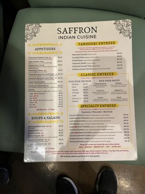Dinner menu as of 7 September 2025  at Saffron Indian Cuisine in Greenville