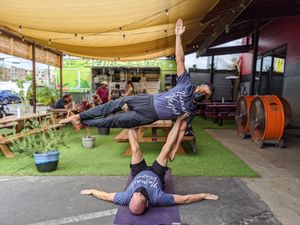 Acroyoga Vishnu's couch. at ATX Food Co in Austin