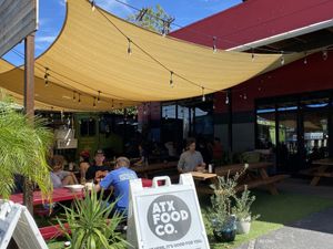 Shaded outdoor seating  at ATX Food Co in Austin