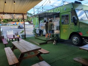 Cute outdoor seating with large fans to help cool you off at ATX Food Co in Austin