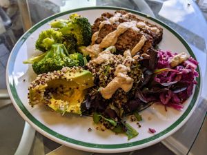 BBQ brisket tempeh (replated takeaway). at ATX Food Co in Austin