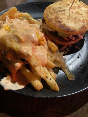 Burger and dirty fries  at Vida Eatery  in Bakersfield