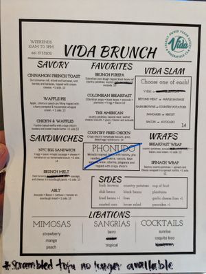 Brunch menu with manual edits that aren't reflected in online ordering  at Vida Eatery  in Bakersfield