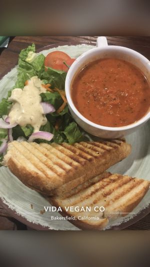 Avocado melt, salad w/ vegan ranch & tomato soup  at Vida Eatery  in Bakersfield