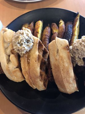 Chikn and Waffles with a side of plaintains  at Vida Eatery  in Bakersfield