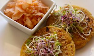 Lupin and shiitake patties with broccoli and radish sprouts plus Kimchi as side dish. at The Vegan - Pop Up in La Coruna