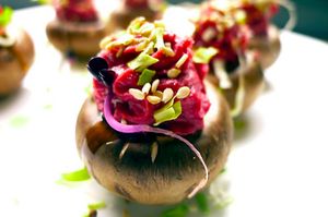 Portobello relleno de mousse de remolacha. at The Vegan - Pop Up in La Coruna