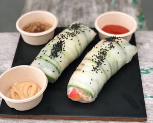 Rice paper rolls, all sauces are vegan  at Lil-Ego Cafe in Ormeau