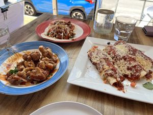 Crispy cauliflower bites (left), jackfruit taco (back), vegan enchilada (right)   at The Prickly Piñata in Maroochydore