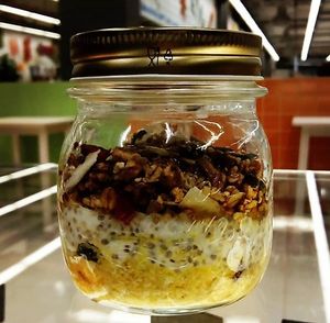 Overnight made with oats, orange juice, fruits, yogurt with chia seeds, granola, dried fruits and more! You can also find the vegan version.
 at Natura Bolhao in Porto