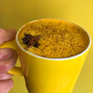 Turmeric, ginger, black pepper, cinnamon, vanilla steamed with unsweetened almond breeze at Melbourne in Lichfield in Lichfield