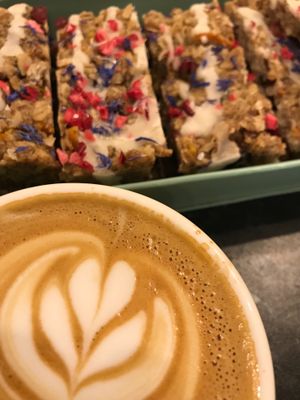 Vegan Persian flapjack with oatly coffee at Melbourne in Lichfield in Lichfield