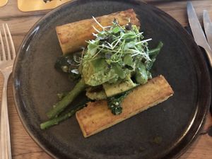 Polenta, pesto veggies, and pea puree. Tasty!!  at Het Ruiterhuys in Castricum