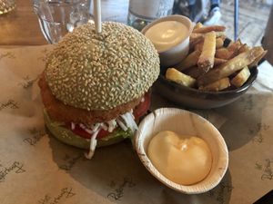 Rutabaga burger and fries with vegan mayo  at Het Ruiterhuys in Castricum