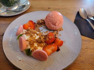 Vegan strawberry dessert with almond cream. Very good at Het Ruiterhuys in Castricum