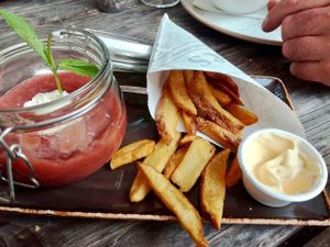 Fries with mayo (vegan!) and some sort of rhubarb jam (not sure if that is vegan, we ate with a mixed group) at Het Ruiterhuys in Castricum