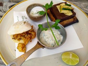 Celeriac Duo: marinated, smoked celeriac and celeriac gyros pita gyros with tzatziki at Het Ruiterhuys in Castricum