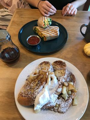 The breakfast burrito and spiced pear french toast :) at The Salty Caramel Kitchen in Lake Country