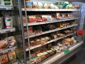 Fridge fake meat and vegan cheese section  at Out of This World in Leeds
