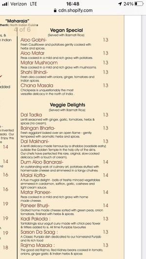 Veg part of menu at Maharaja Indian Restaurant in Colonie