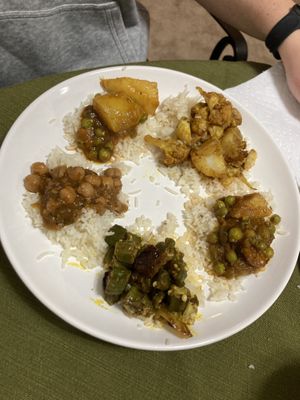 One scoop of each of the 5 vegan entrees at Maharaja Indian Restaurant in Colonie