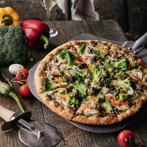 okra, asparagus, broccoli, bell peppers vegan pizza at Gung Ho! Pizza in Beijing