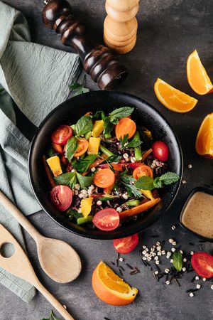 Okra, asparagus, baby carrots, cherry tomatoes, roasted beetroot, wild rice, barley served with vegan sesame dressing. at Gung Ho! Pizza in Beijing
