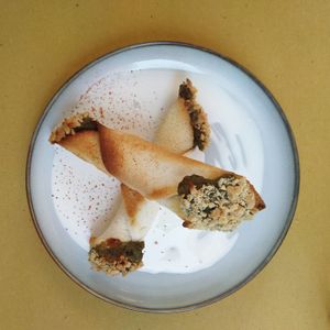 Smoked tofu and eggplant inside.... Lovely ! at Veg Joy in Rome