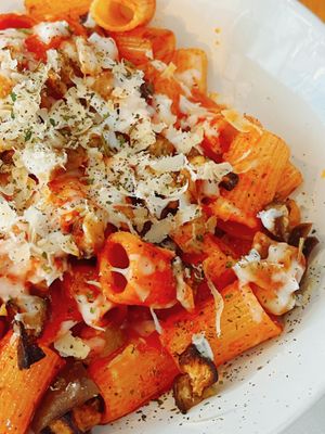 Freshly baked aubergine tomatoes sauce wheat pasta  at Veg Joy in Rome