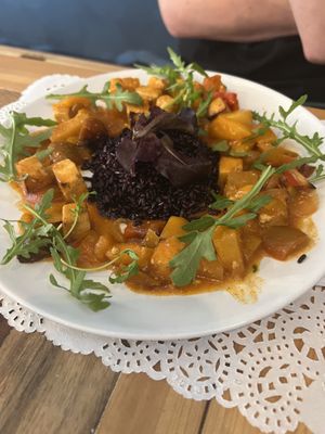 Sweet and sour tofu with black rice  at Veg Joy in Rome