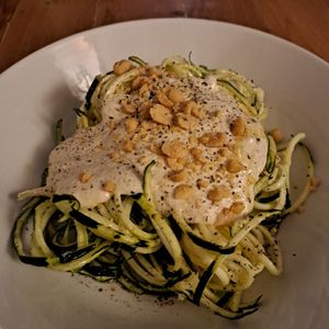 Courgette spaghetti with creamy sauce at Veg Joy in Rome