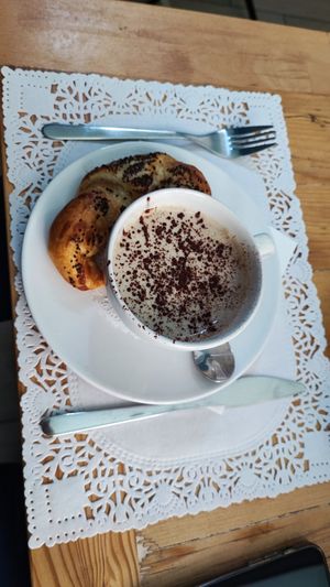 Cornetto (salato) e cappuccino (di funghi), ottimo! at Veg Joy in Rome