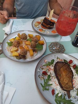 Seitan, balls, teriaki eggplant at Veg Joy in Rome