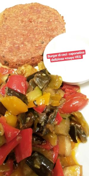 Cheeckpease burger and Caponatina at Veg Joy in Rome