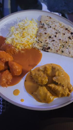 Rice, Butter Mock Chicken, Mango Mock Chicken, Garlic Naan at The Leaf in Leederville