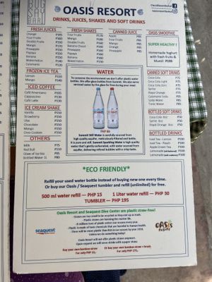 Drink menu at Oasis Resort Restaurant in Panglao