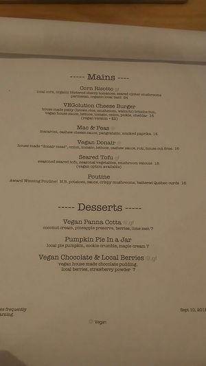 Menu 2 at Vegolution in Saint John