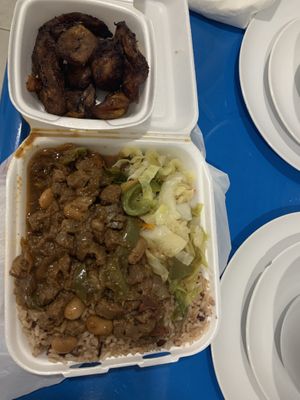 Soy beef and sticky plantains  at Jerk Machine in Fort Lauderdale