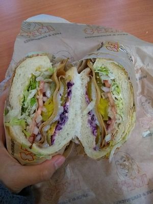 Pee Wee in a sour dough bread w/ lettuce, tomato, onions, banana peppers and jalapenos. at Ike's in Dublin