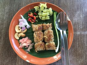 fermented mushroom sausage  at Pun Pun Organic Vegetarian Restaurant - Wat Suan Dok in Chiang Mai