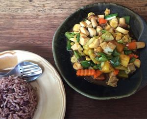 sweet & sour pineapple, mushroom, veggie dish for 60THB at Pun Pun Organic Vegetarian Restaurant - Wat Suan Dok in Chiang Mai