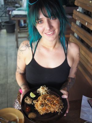 Pad Thai and my Bebe  at Pun Pun Organic Vegetarian Restaurant - Wat Suan Dok in Chiang Mai