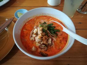 Vegan Tom Yum soup at Pun Pun Organic Vegetarian Restaurant - Wat Suan Dok in Chiang Mai