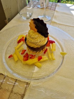 Chocolate with mango desert at Villa Maria in Ravello