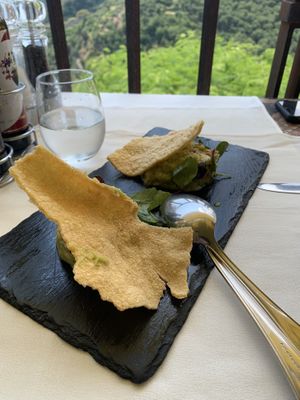 Guacamole “salad” with polenta (cornmeal) chips at Villa Maria in Ravello