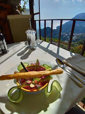 Tomato Cold Soup, with the view, both awesome 😻 at Villa Maria in Ravello