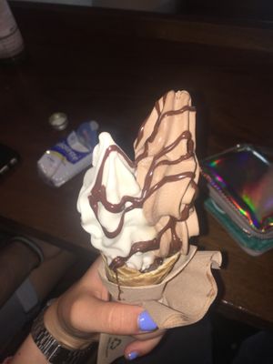 chocolate/ vanilla soft ice cream with chocolate sauce  at Attila Hildmann Organic Snackbar II in Berlin